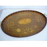 Edwardian mahogany oval twin handled gallery tray inlaid with flowers with trailing leaves, with