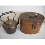 Vintage brown tin oval hat box and a Victorian copper kettle with acorn finial (2)