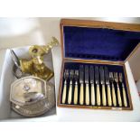 Part cased fish knife & fork set, pair of brass candlesticks, silver plated cruet stand and large