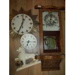 Tunbridge ware cased wall clock, circa 1970s star burst wall clock, a mantel clock in the form of