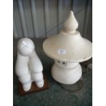 Composite stone lantern style lamp and decorative figure of a seated woman on plinth (2)