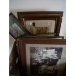 Box containing a large selection of various pictures, prints, Edwardian photographs, sketches etc