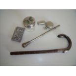 Silver hallmarked parasol handle, a pocket compass, glass table jar with butterfly top etc
