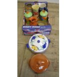 Terracotta casserole dish, St Michaels storage jar, large blue jug, other Stoneware and kitchenalia