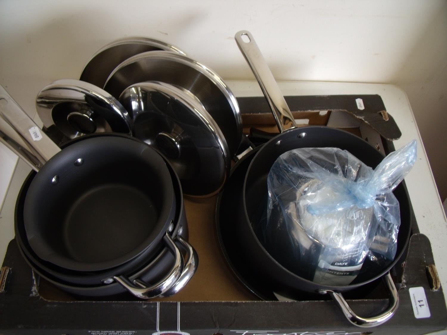 Selection of as new Aga pans of various sizes, a kettle etc