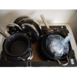 Selection of as new Aga pans of various sizes, a kettle etc