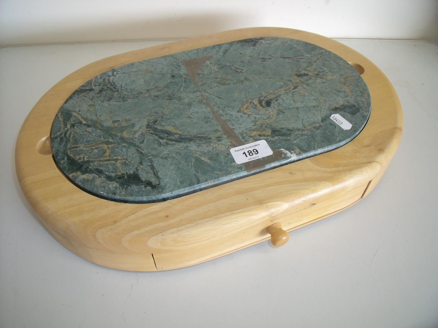 Pine and marble top cheese board with drawer containing various cheese knives and accessories