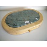 Pine and marble top cheese board with drawer containing various cheese knives and accessories