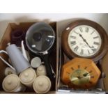 Selection of various kitchenalia, pans, ceramics, modern wall clocks etc (two boxes)