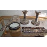 Pair of Birmingham silver hallmarked candlesticks, silver hallmarked dressing table set