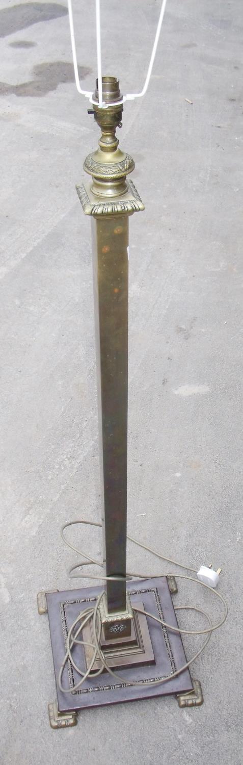 Early 20th C brass standard lamp with square column and stepped square base