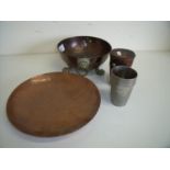 Copper bowl on lion paw feet with lion mask ring handles, small copper dish and a leather cased