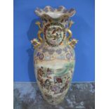 Extremely large early to mid 20th C Japanese Satsuma ware floor vase with gilt dragon handles and