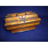 19th C satinwood sewing box with hinged lift up shaped top with studded detail revealing mirrored