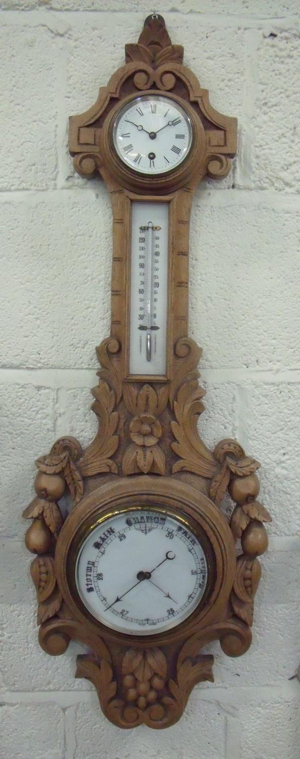 Late Victorian heavily carved framed combination wall clock barometer with white enamel dials patent