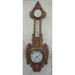 Late Victorian heavily carved framed combination wall clock barometer with white enamel dials patent