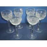 Set of six Waterford Coleen design cut glass wine hock glasses, elaborately cut bowls on