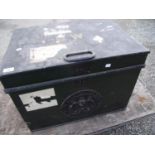 Milner's Patent fire resistant safe of rectangular form with hinged lift up lid and twin carry