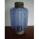 Unusual late 19th C blue and etched glass hanging latern shade with brass mounts (40cm high)