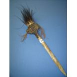 Unusual 19th/20th C African tribal bone dagger with moulded shaped figure of a head, with feather