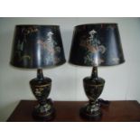 Pair of modern Chinoiserie pattern regency urn-shaped table lamps with toole wear shades mounted