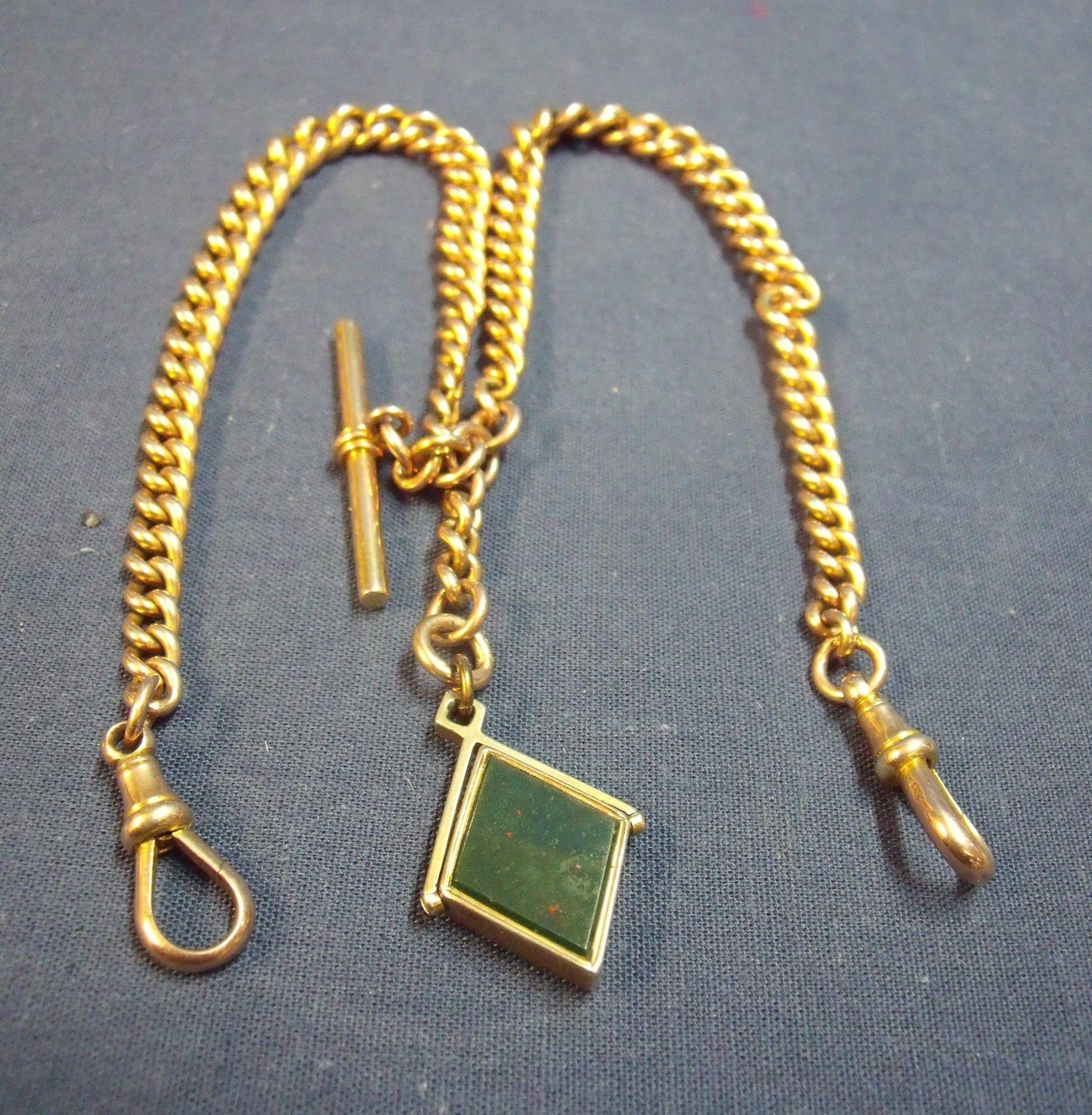 9ct gold watch chain with T-bar and spinning diamond shape stone inset fob (52 grm)