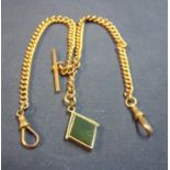 9ct gold watch chain with T-bar and spinning diamond shape stone inset fob (52 grm)