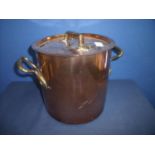 19th C country house high sided copper pan with lift off lid, twin handles and impressed marks `