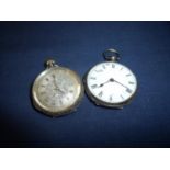 Two ladies silver hallmarked cased pocket watches, one with engraved dial, the other with enamel