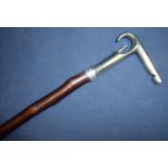 Early to mid 20th C shepherd's stick with plated whistle and clip handle stamped `patent Blackwells'