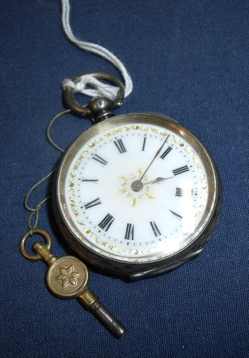 Swiss made ladies silver cased pocket watch with gilt and enamel dial