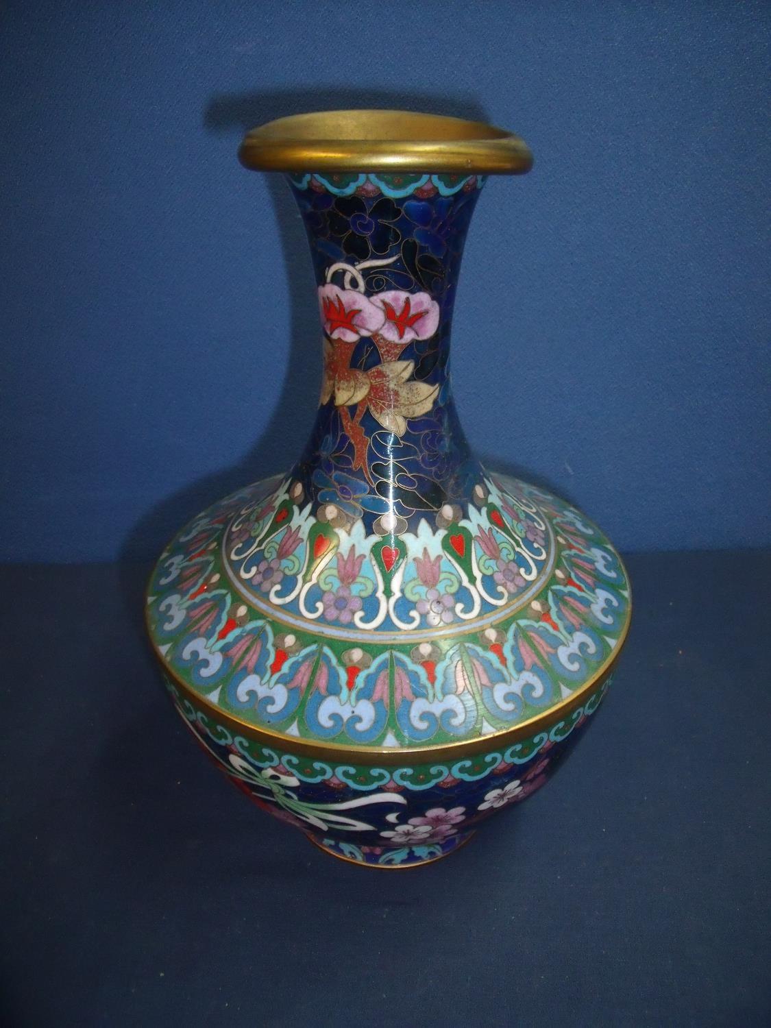 19th/20th C Cloisonné vase with bulbous body and tapering neck with flared gilt metal rim with