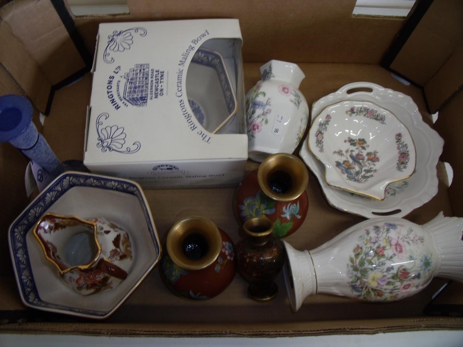 Selection of Ainsley Wild Tudor ceramics, pair of Cloisonné vases and another small cloisonné