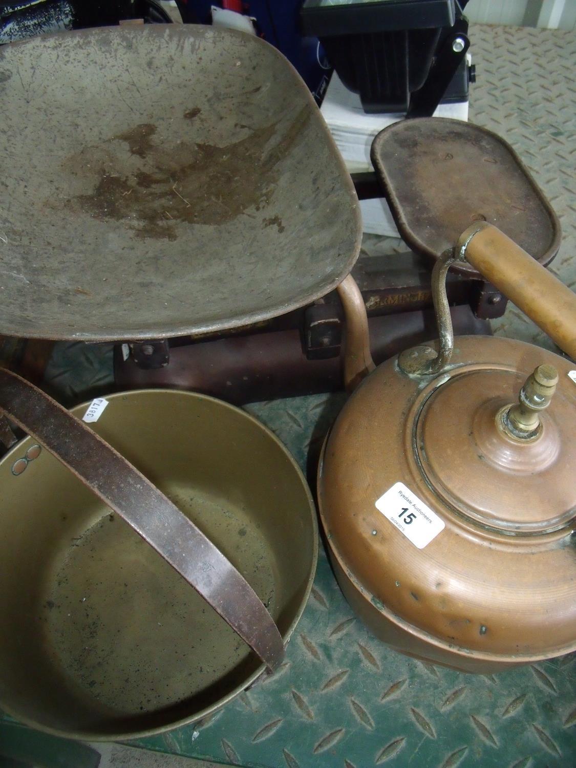 Copper jam pan, copper kettle and a large set of Avery scales (3)