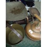 Copper jam pan, copper kettle and a large set of Avery scales (3)