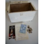 White painted wooden box containing a large quantity of various mixed GB and world coinage