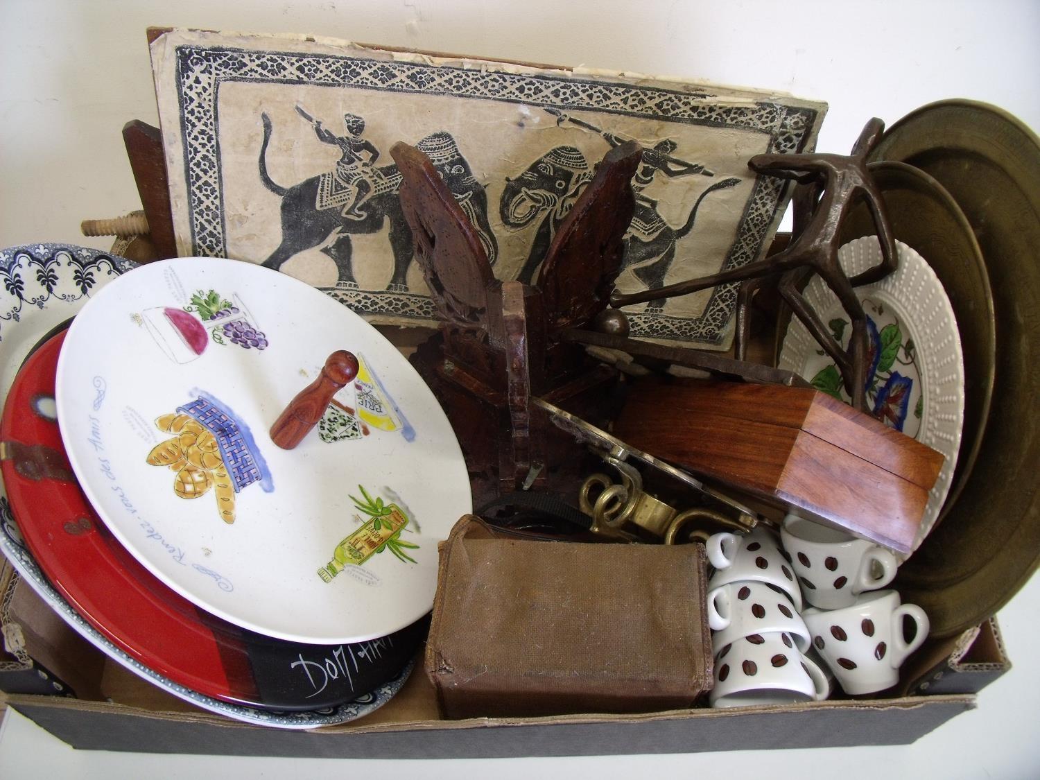 Boxed vintage camera, carved wood stool, brassware, various ceramics, serving tray, modern bronze