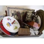 Boxed vintage camera, carved wood stool, brassware, various ceramics, serving tray, modern bronze