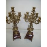 Pair of late Victorian gilt metal and marble five branch candelabra garnitures