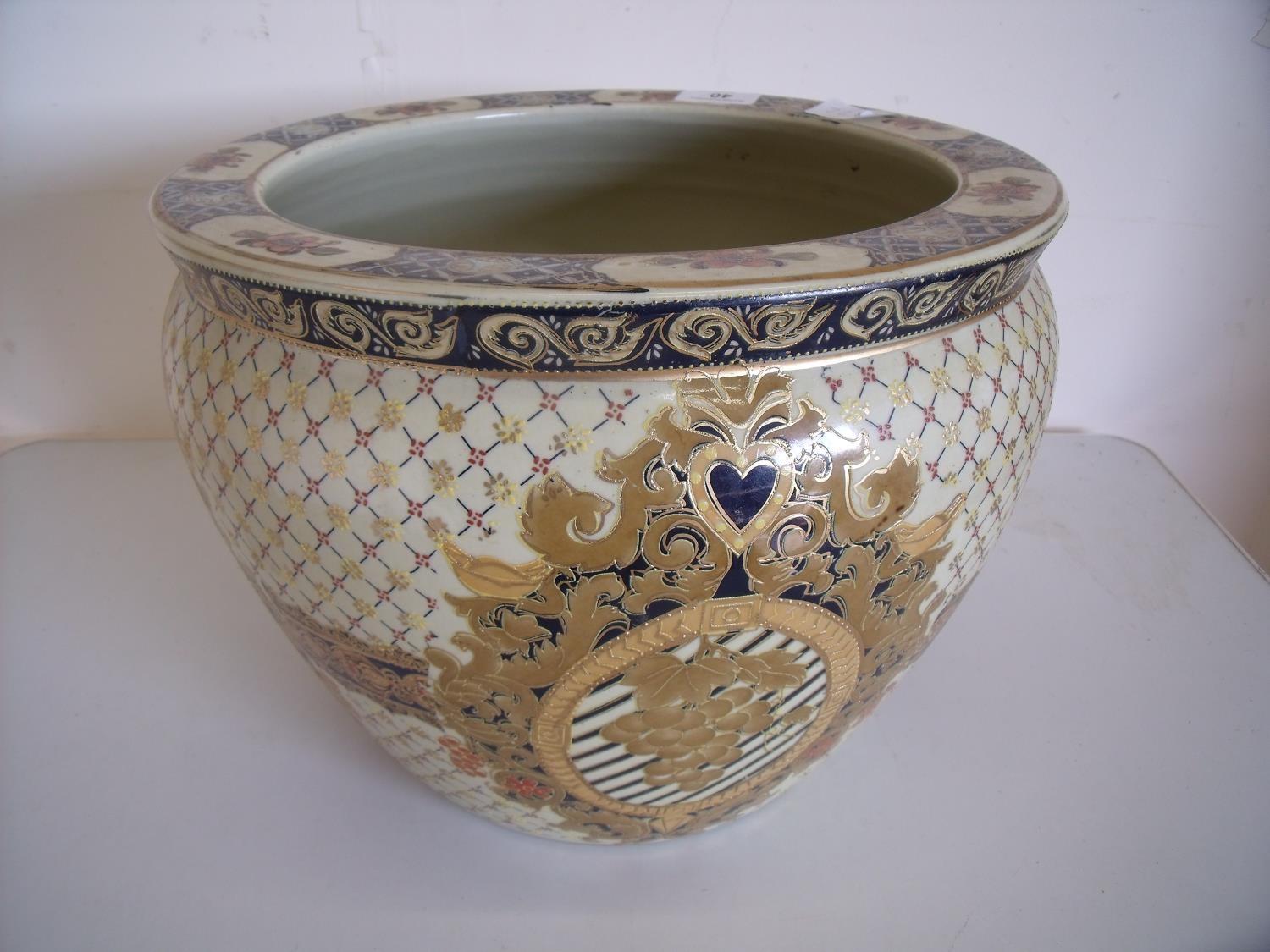 20th C Satsuma ware style ceramic fish bowl/jardiniere (diameter 32cm x height 25 cm)