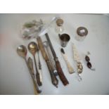 Selection of various costume jewellery, beads, plated cutlery, spirit measures, silver hallmark