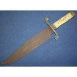 Circa 1870 American bowie type knife with 10 inch blade, brass cross piece and two piece bone mounts