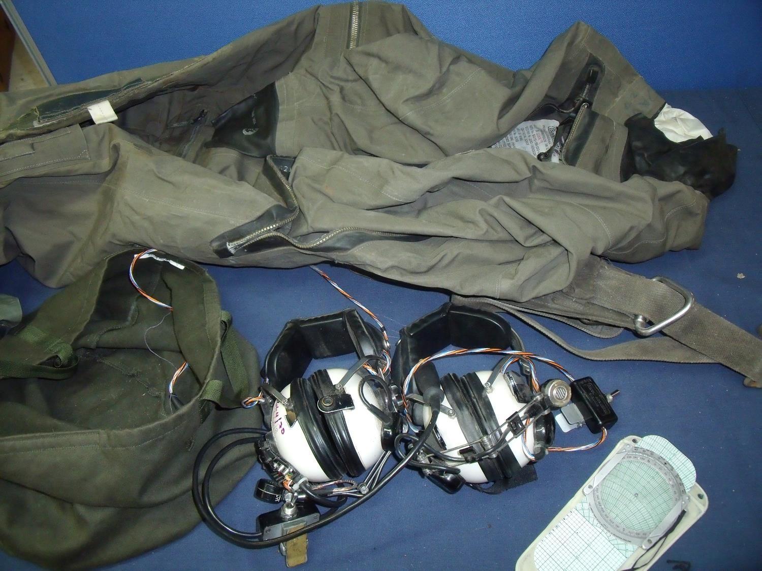 Beufort Sea King aircrew immersion suit, two Sea King aircrew headsets, a Sea King aircrew winchmans