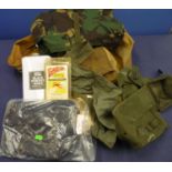 Military style canvas bag, military issue Gore-Tex over gloves, webbing pouches, wooden