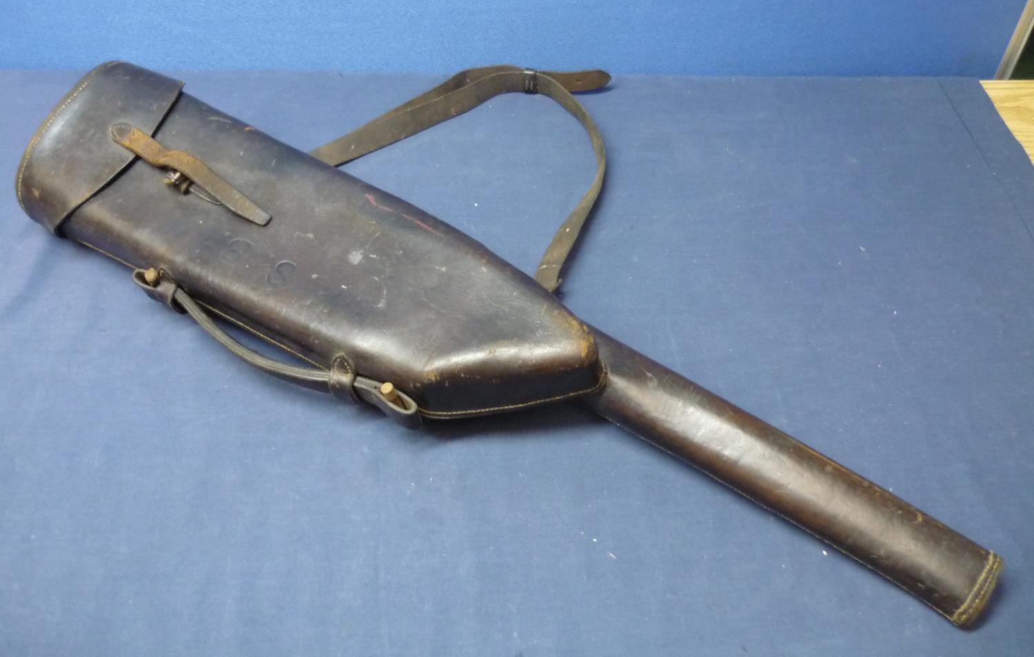 Unusual vintage leather Leg-of-Mutton style gun case with extended barrel section