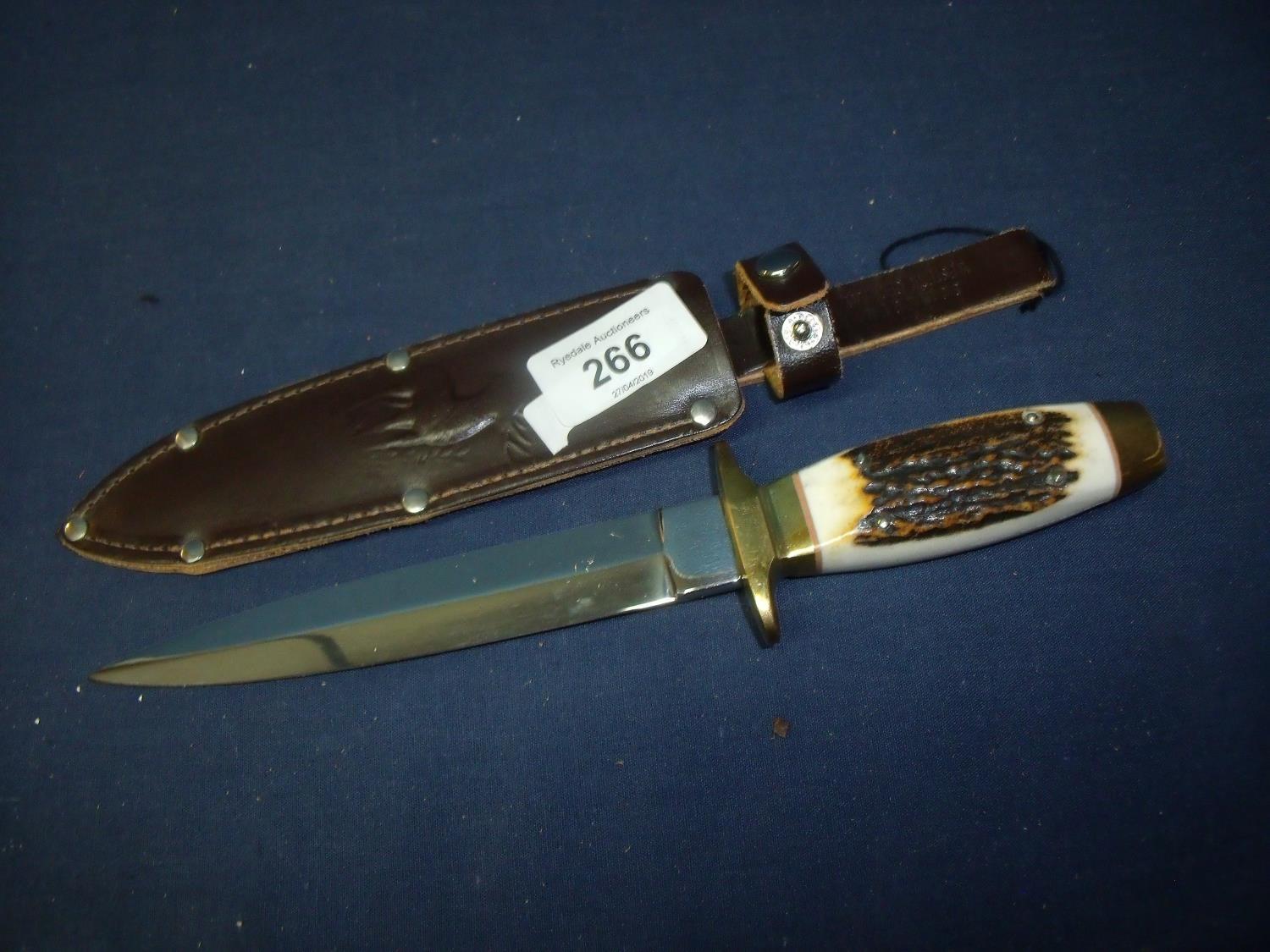 Golden Western Anton Wingen JR Soligin Germany double edged sheath knife with 6 inch engraved blade,