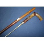 Late 19th C sword cane with 25 inch diamond form blade, with engraved detail and bamboo stick cane