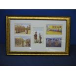 Set of five framed and mounted comical military postcards