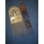 Three various sized and patterned carved wood African tribal combs