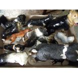 Box of ceramic and other decorative dog figures including a Russian ceramic figure, a Beswick